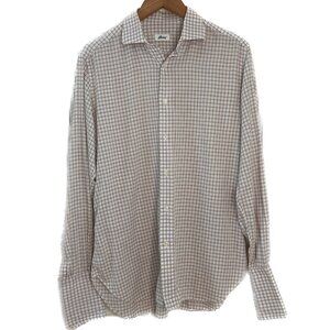 Brioni Italy Brown Blue White Plaid Long Sleeve Button Down Shirt Size 39 / 15.5